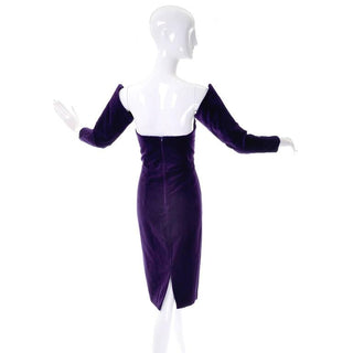 1980s Travilla Purple Velvet Strapless Dress w/ Detached Sleeves