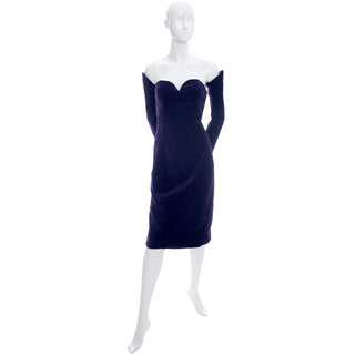 William Travilla purple velvet vintage designer dress with detached sleeves - Dressing Vintage