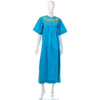 1960s Casa de Josefa Vintage Blue Embroidered Maxi Dress