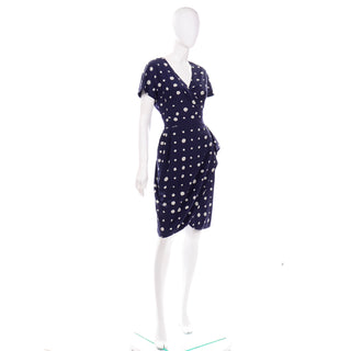 Vintage Ungaro Parallele Blue and White polka dot silk dress V neck