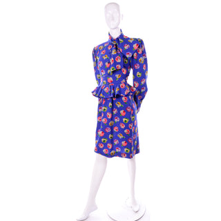 Vintage Ungaro Peplum floral silk blue red dress skirt top