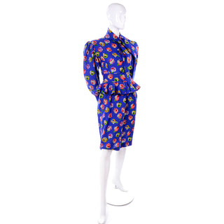 Emanuel Ungaro Vintage 2 pc Blue Silk Rose Floral Dress w Peplum Top & Skirt w Tags