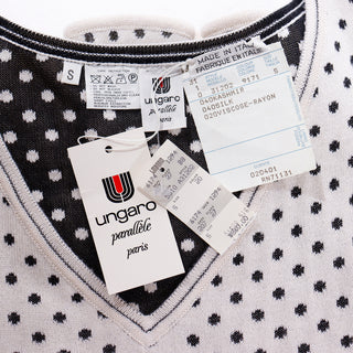 1980s Ungaro Parallele Deadstock V Neck Ruffled Peplum Black & White Dot Top with tags
