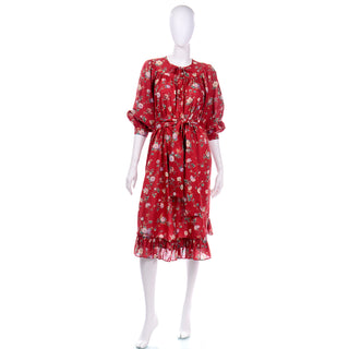 1980s Ungaro Red Floral Cotton Tent Dress w/ Ruffle Hem
