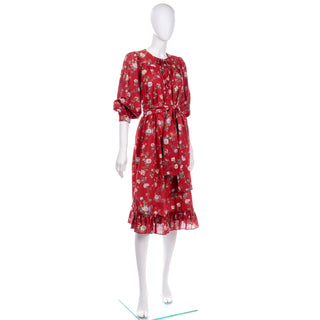 1980s Ungaro Red Floral Cotton Tent Dress w/ Ruffle Hem