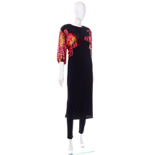 1980a Diane Freis Vintage 2Pc Black Silk Jersey Dress & Pants Outfit w Burnout Velvet