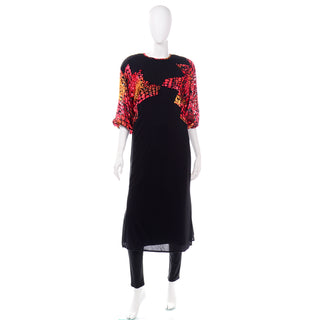 Diane Freis Vintage 2Pc Black Silk Jersey Dress & Pants Outfit w Burnout Velvet Limited Edition