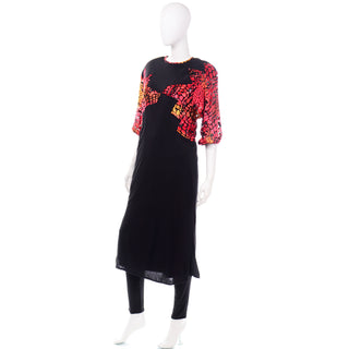Diane Freis Vintage 2Pc Black Silk Jersey Dress & Pants Outfit w Burnout Velvet Detail