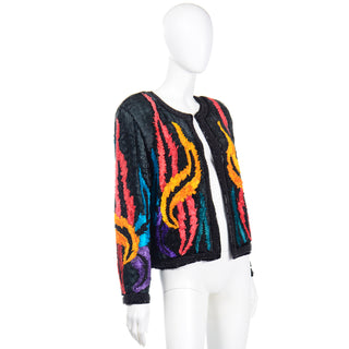 1980s Colorful Beaded Silk Jacket With Unique Pleated Details unusual ripple detailing