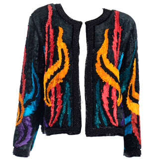 1980s Colorful Beaded Silk Jacket With Unique Pleated Ripple Details
