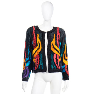 1980s Colorful Beaded Silk Jacket With Unique Pleated Details ripples