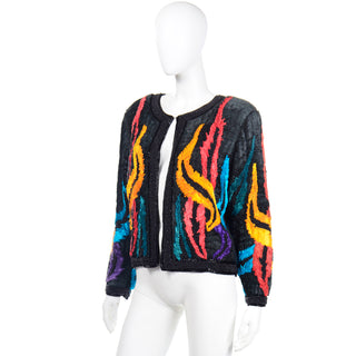 1980s Colorful Beaded Silk Jacket With Unique Pleated Details sz 10