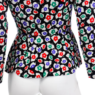 1980s Floral Print Vintage Unlabeled Vicky Tiel Couture Colorful Flower Peplum Jacket