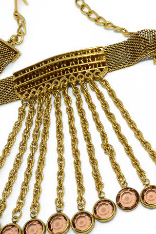 Vintage Goldette Mesh Fringe Crystal Drop Choker Necklace & Earrings