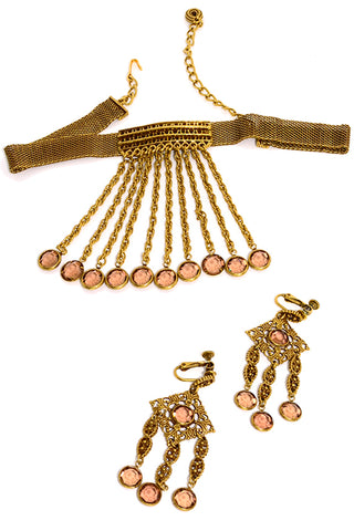 Vintage Goldette Mesh Fringe bezel Crystal Drop Choker Necklace & Earrings