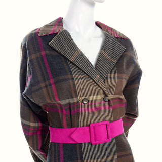 Utah Tailoring Mills 1980's vintage brown & pink plaid wool dress w/ pink ultrasuede belt