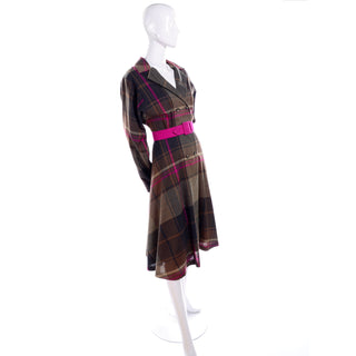 Utah Tailoring Mills 1980's vintage brown & pink plaid wool dolman sleeve dress
