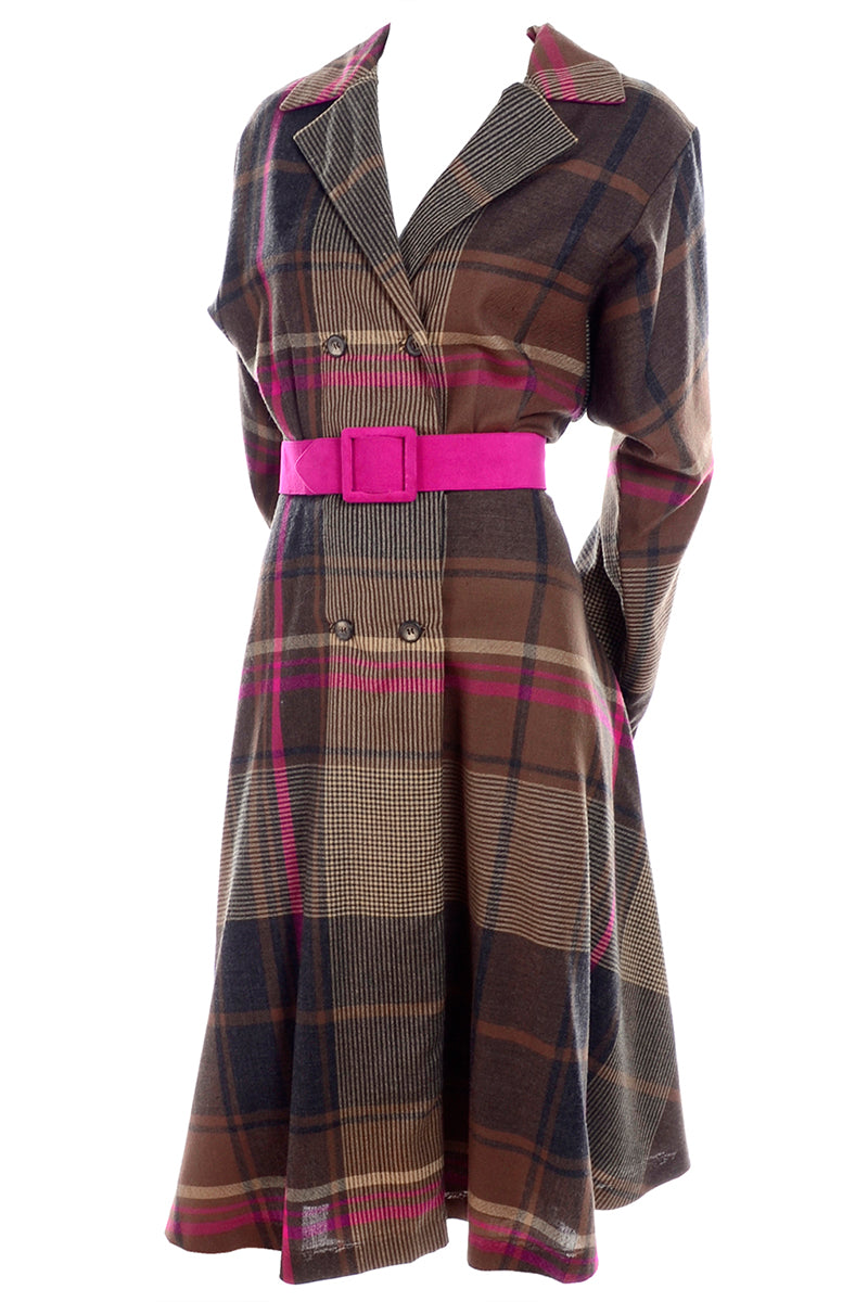1980s Utah Tailoring Designer Vintage Dress in Brown Plaid Wool w Belt Modig 1980s Utah Tailoring Designer Vintage Dress in Brown Plaid Wool w Belt Modig