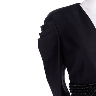 2006 Valentino Black Silk Skirt Suit w/ Beaded Tassels & Pleated Shoulders