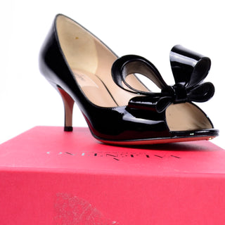 Valentino Black Patent Leather Open Toe Bow Shoes with Heels 36.5