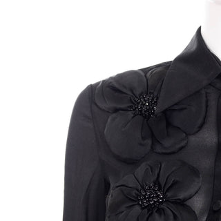 Valentino Sheer Black Chiffon Blouse w/ Beaded Floral Silk Appliques XS