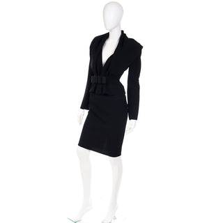2000s Valentino Vintage Black 2 Piece Skirt & Jacket Suit W Unique Bow Buckle sz 8
