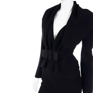 2000s Valentino Garavani Vintage Black 2 Piece Skirt & Jacket Suit W Unique Bow Buckle