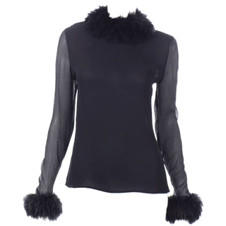 1990s Valentino Vintage Black Silk Evening Top W Marabou Feathers Made in Italy 