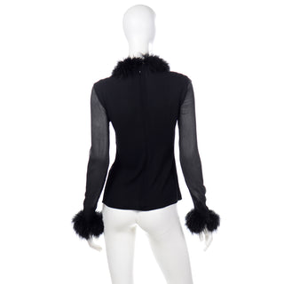 1990s Valentino Vintage Black Silk Top W Marabou Feathers Small