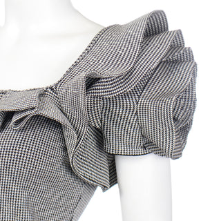 2000s Valentino Black & White Houndstooth Check Ruffle One Shoulder Top Size M/L