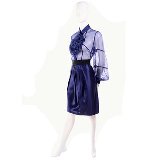 F/W 2008 Valentino deep blue silk sheer blouse and skirt