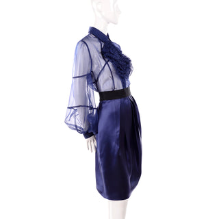 F/W 2008 Valentino deep blue silk blouse and skirt dress
