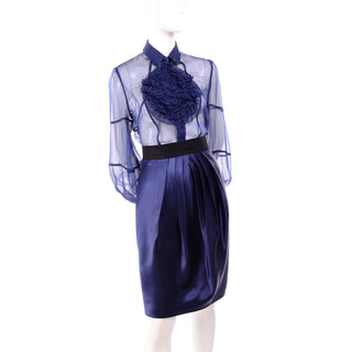 F/W 2008 Valentino deep blue sheer blouse and pleated skirt