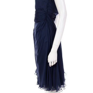 2000s Valentino Blue Silk Chiffon Evening Dress With Fly Away Panel and lettuce edge hem