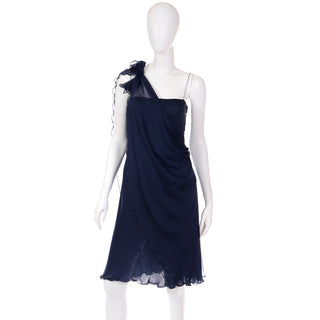 2000s Valentino Blue Silk Chiffon Evening Dress With Fly Away Panel Small