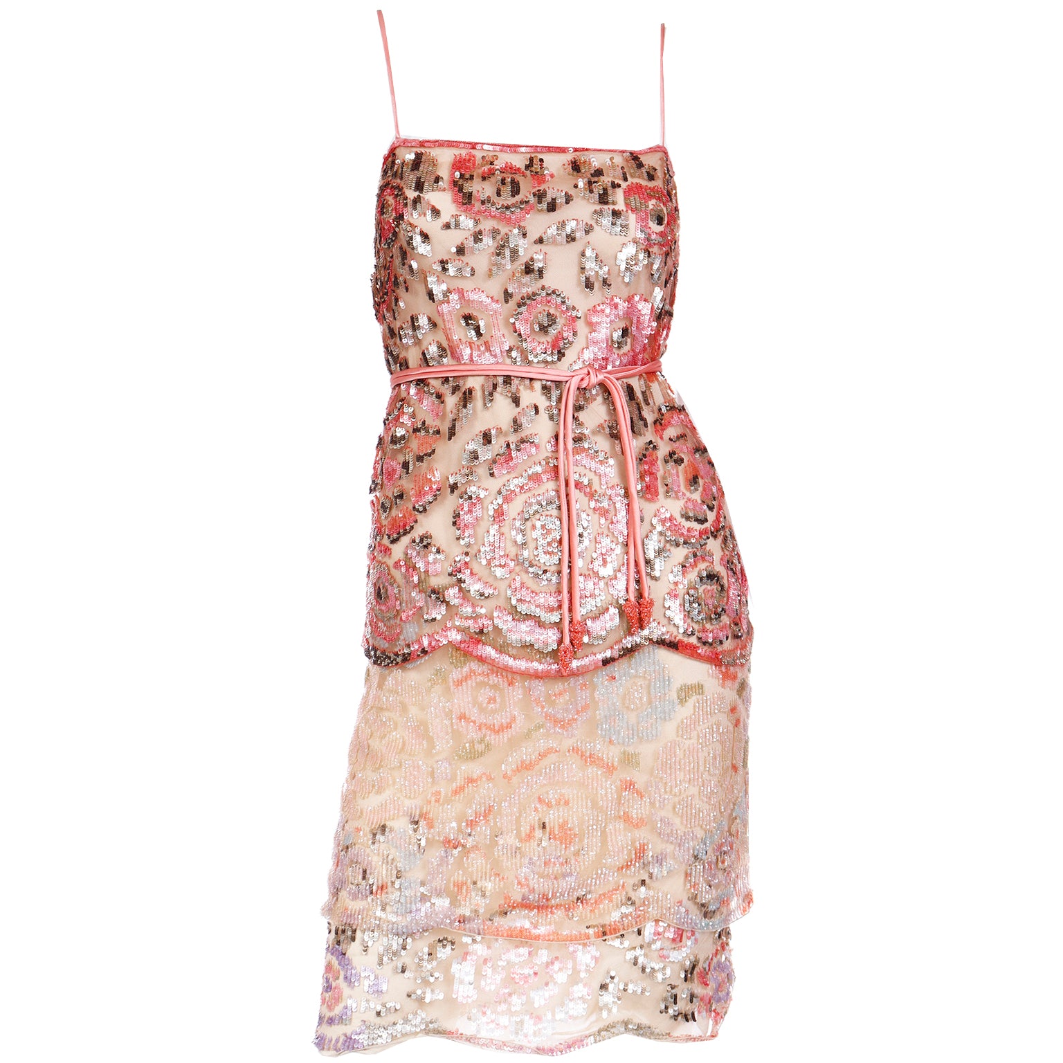 Valentino Peach Beaded Sequin Evening Dress With Beaded Silk Rope Belt Valentino Peach Beaded Sequin Evening Dress With Beaded Silk Rope Belt