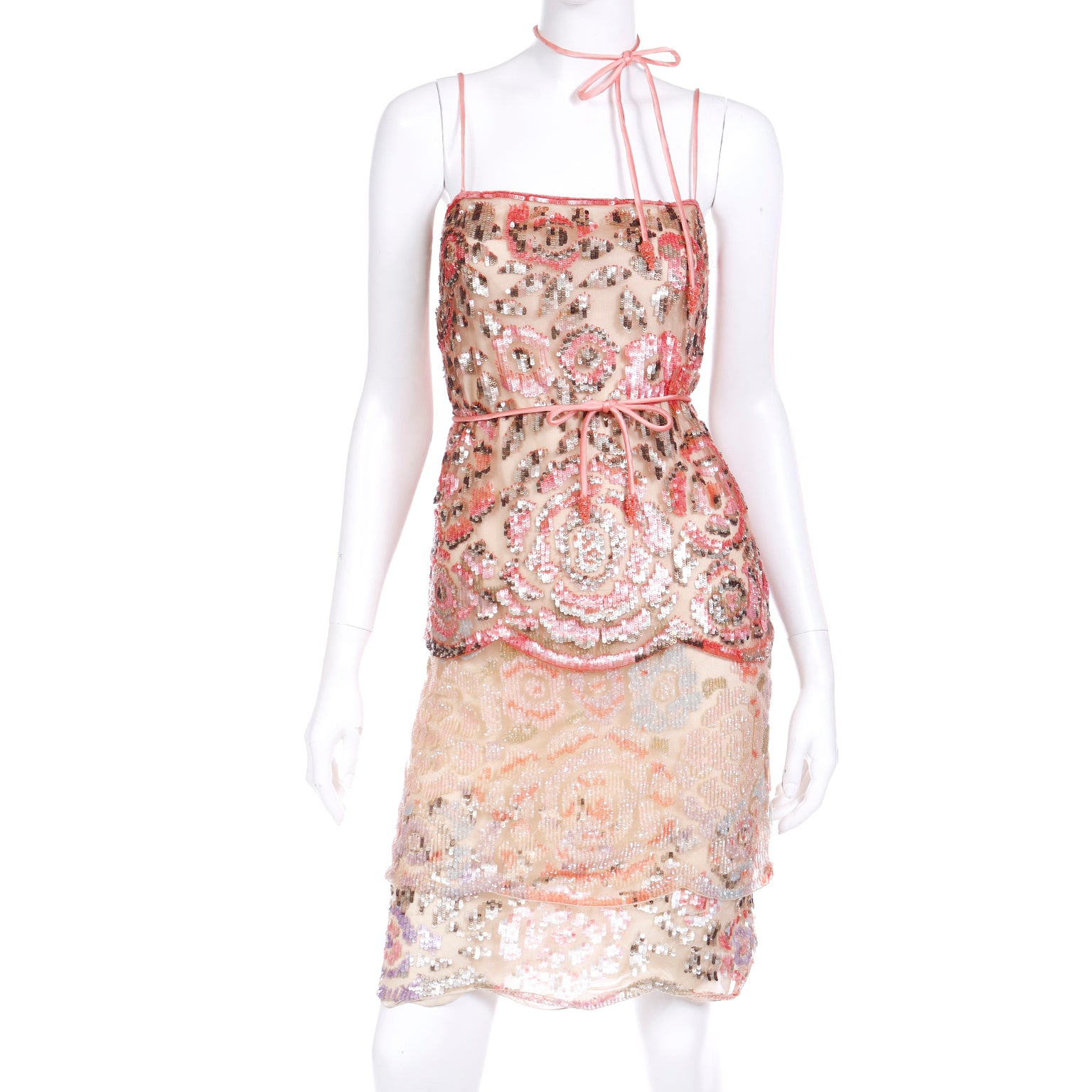 2000s Valentino Garavani Peach Beaded Sequin Evening Dress Modig 2000s Valentino Garavani Peach Beaded Sequin Evening Dress Modig
