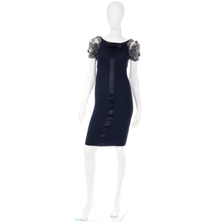 2000s Valentino Black Silk Evening Dress W Beaded Applique Sleeves Small