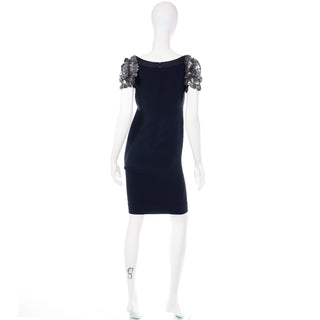 2000s Valentino Black Silk Evening Dress W Beaded Applique Cap Sleeves