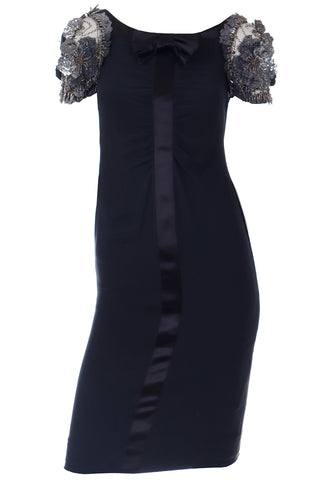 2000s Valentino Black Silk Evening Dress W Beaded Applique Sleeves