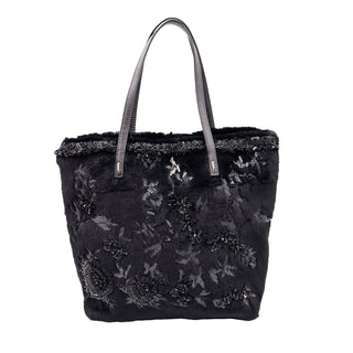 2000s Valentino Black Fur Handbag with floral beading
