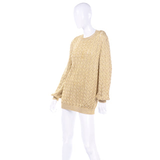 One Size Vintage Valentino Gold Sparkle Pullover Cable Knit Sweater