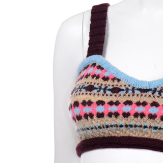 Valentino Brown Pink Blue Fair Isles Knit Bralette Style Cropped Top deadstock
