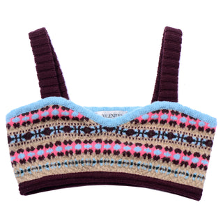 Valentino Brown Pink Blue Fair Isles Knit Bralette Style Cropped Top Italy