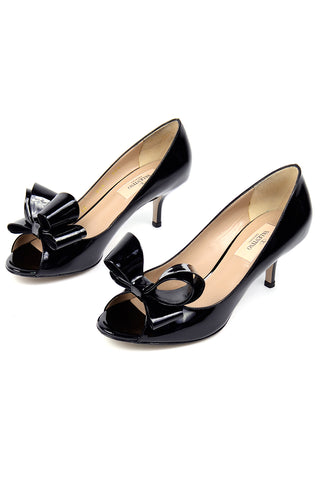 Valentino Black Patent Leather Open Toe Bow Shoes with Heels