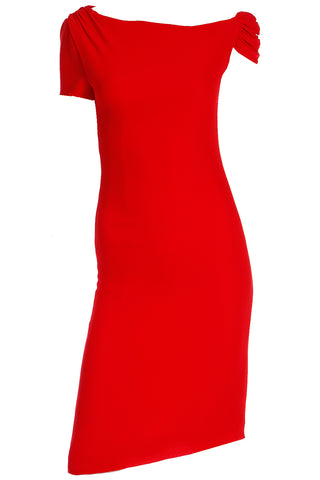 2000s Valentino Red Silk Crepe Draped Asymmetrical Sleeve Evening Dress