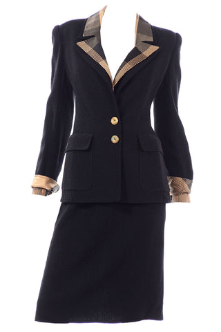 Vintage Valentino Black & Gold Plaid 3pc Skirt Suit w 2 Blazer Options
