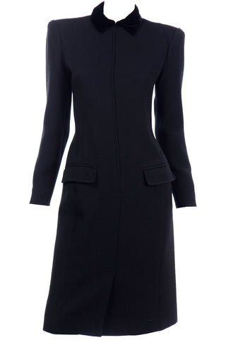 1980s Valentino Boutique Vintage Black Ribbed Dress w Velvet Collar