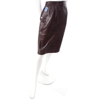 Brown 1990s Vintage Valentino Deadstock Alligator Embossed Leather Pencil Skirt