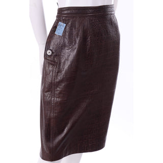 1990s Vintage Valentino Deadstock Alligator Embossed Brown Leather Pencil Skirt